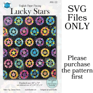 Colorful quilt pattern with star motifs on a dark background.