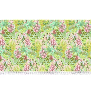 Floral fabric with pink flowers and green leaves on a light background.