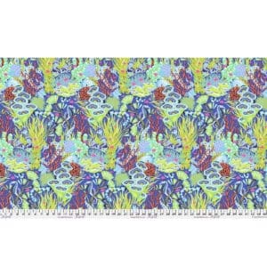 Colorful abstract floral pattern fabric with blue, yellow, and purple hues.