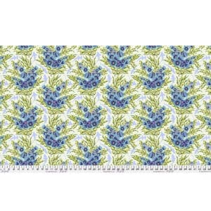Blue and green floral pattern fabric with a ruler at the bottom.