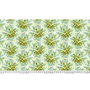 Floral fabric with green and yellow botanical pattern on white background.