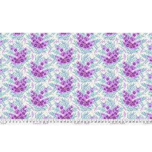 Seamless floral pattern with purple and pink flowers on a light background.