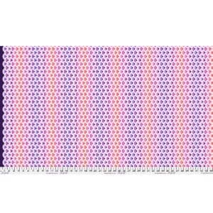 Fabric with a repeating geometric pattern in pink, purple, and navy hues.