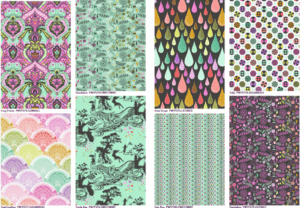 A collection of colorful patterned designs with various motifs and textures.