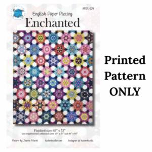 Colorful floral quilt pattern with geometric shapes, printed design only.