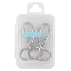 Silver metal swivel snap hooks packaged in clear plastic.